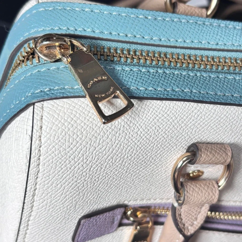 Coach Rowan Colorblock Satchel Purse Wallet Set White Chalk Purple Teal Leather